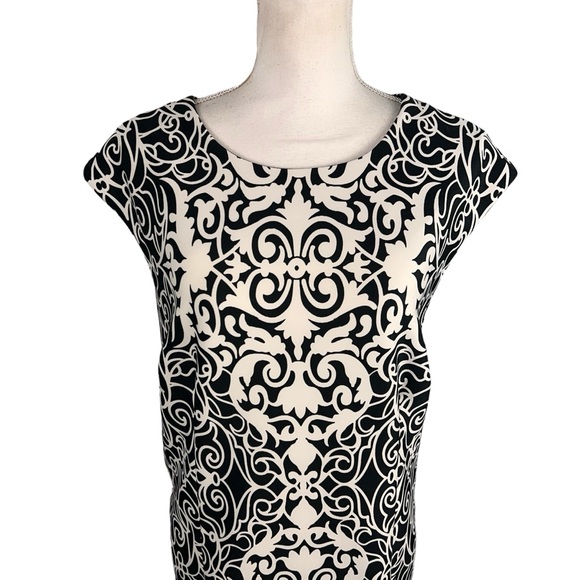 R&K Cap Sleeve Black White Dress Size 16 Stretch Flourish Damask - Picture 6 of 9